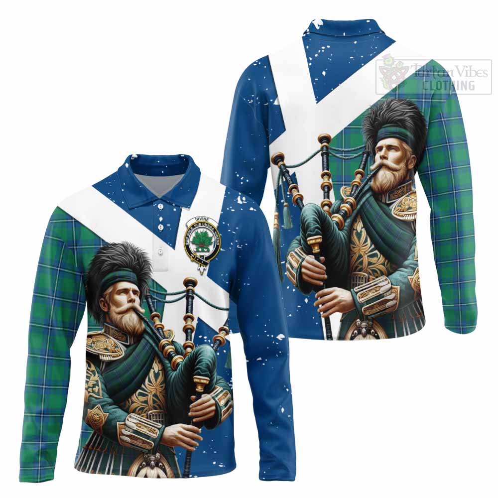 Tartan Vibes Clothing Irvine Tartan Long Sleeve Polo Shirt with Family Crest Scottish Bagpiper Vibes