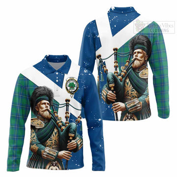 Irvine Tartan Long Sleeve Polo Shirt with Family Crest Scottish Bagpiper Vibes