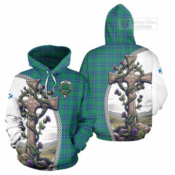 Irvine Tartan Hoodie with Family Crest and St. Andrew's Cross Accented by Thistle Vines