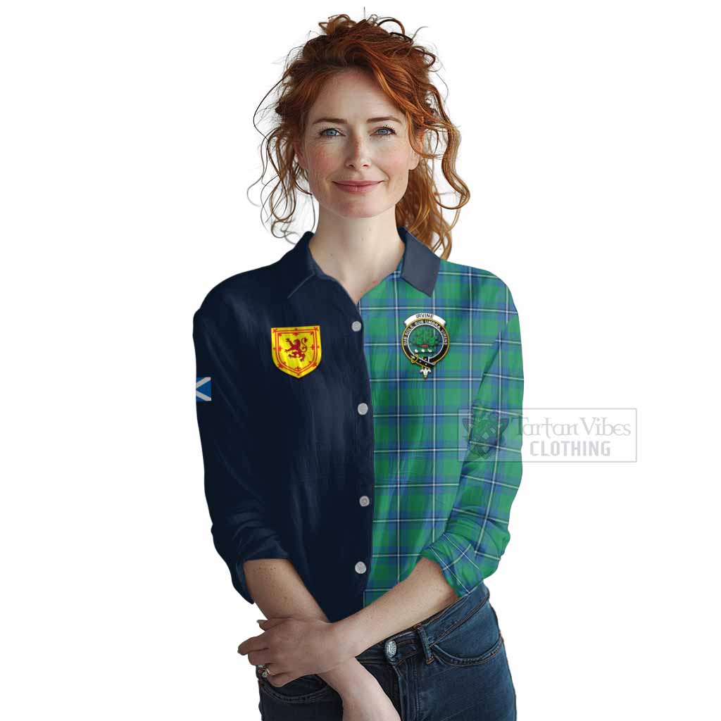 Tartan Vibes Clothing Irvine Tartan Women's Casual Shirt Alba with Scottish Lion Royal Arm Half Style