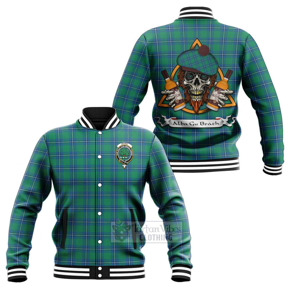 Tartan Vibes Clothing Irvine Tartan Baseball Jacket with Family Crest and Bearded Skull Holding Bottles of Whiskey