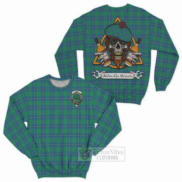 Irvine Tartan Sweatshirt with Family Crest and Bearded Skull Holding Bottles of Whiskey