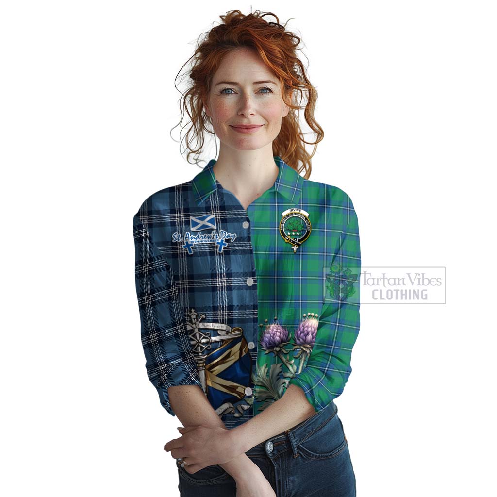 Tartan Vibes Clothing Irvine Tartan Women's Casual Shirt Happy St. Andrew's Day Half Tartan Style