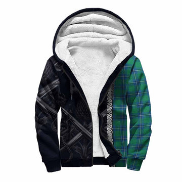 Irvine Tartan Sherpa Hoodie with Family Crest Cross Sword Thistle Celtic Vibes