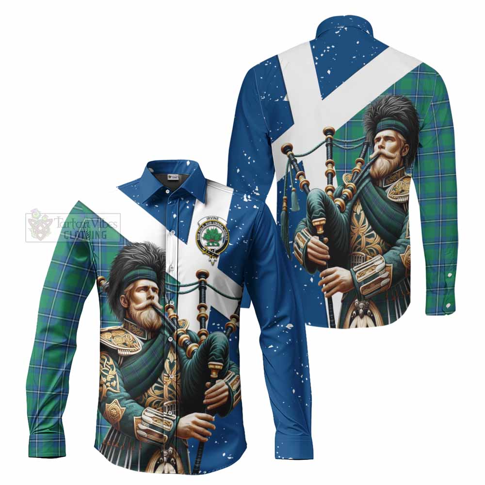 Tartan Vibes Clothing Irvine Tartan Long Sleeve Button Shirt with Family Crest Scottish Bagpiper Vibes