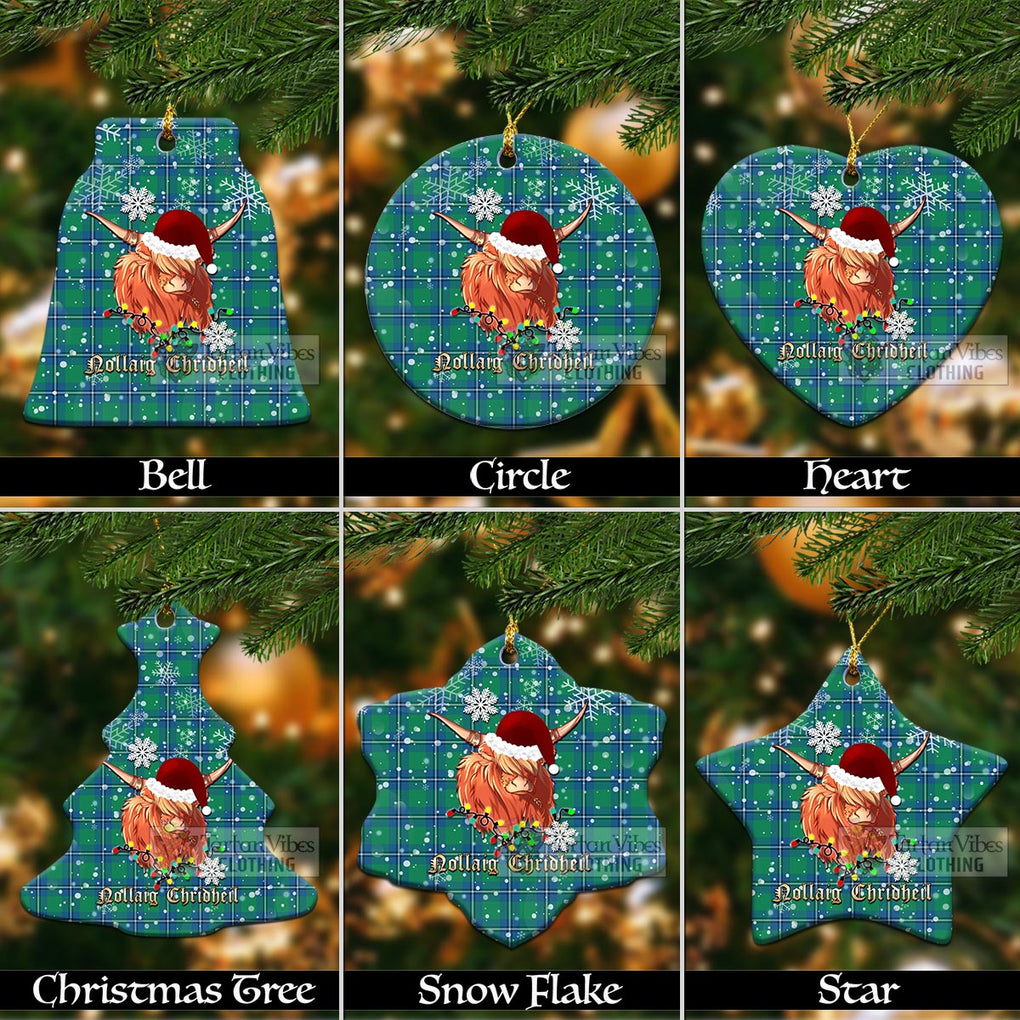 Tartan Vibes Clothing Irvine Clan Tartan Ornament with Christmas Twinkle Highland Cattle