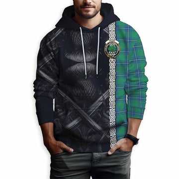 Irvine Tartan Hoodie with Family Crest Cross Sword Thistle Celtic Vibes