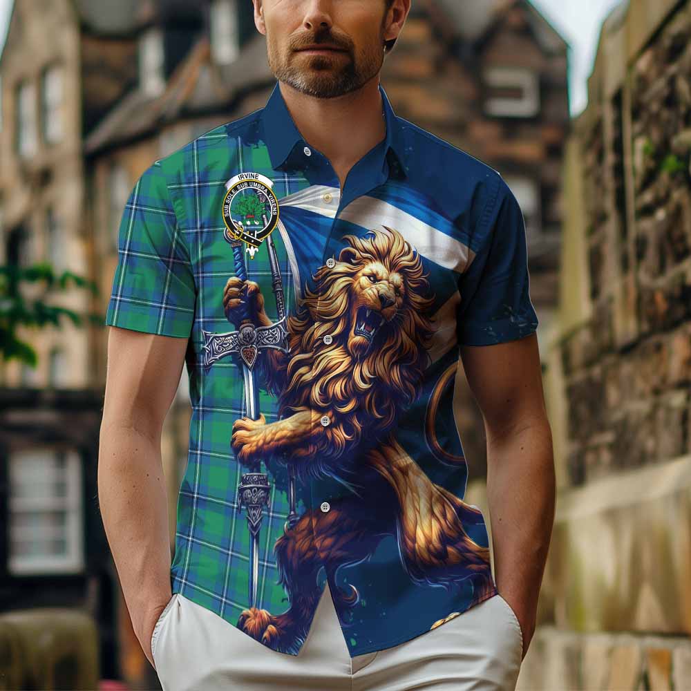 Tartan Vibes Clothing Irvine Tartan Family Crest Short Sleeve Button Shirt with Scottish Majestic Lion