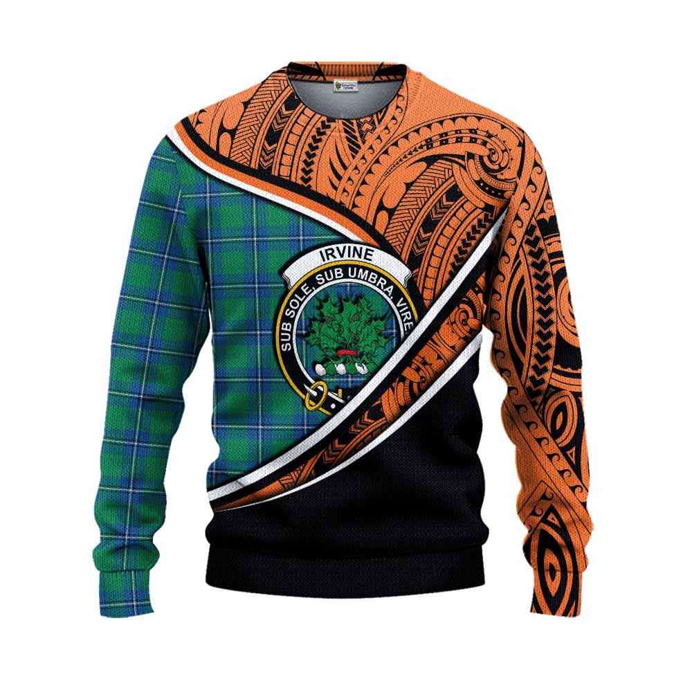 Tartan Vibes Clothing Irvine Crest Tartan Knitted Sweater with Maori Tattoo Style - Orange Version