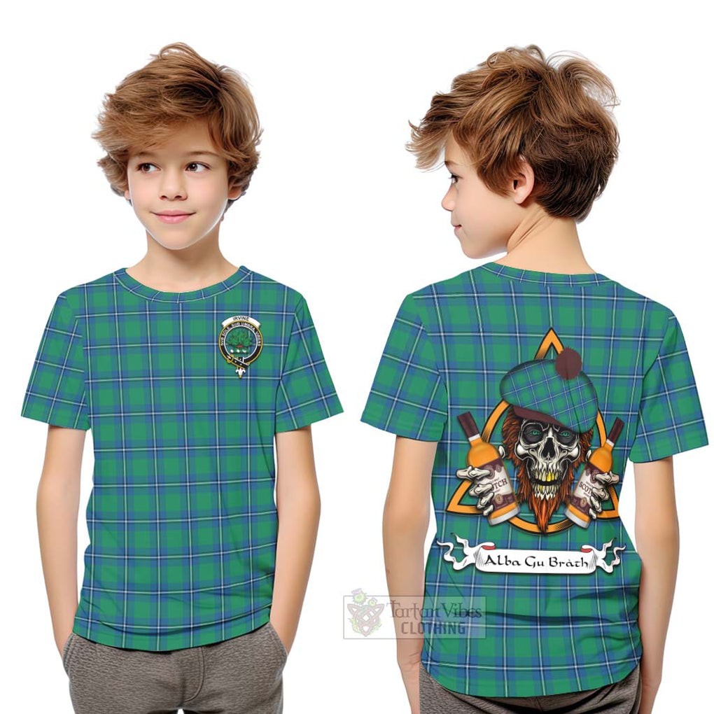 Tartan Vibes Clothing Irvine Tartan Kid T-Shirt with Family Crest and Bearded Skull Holding Bottles of Whiskey