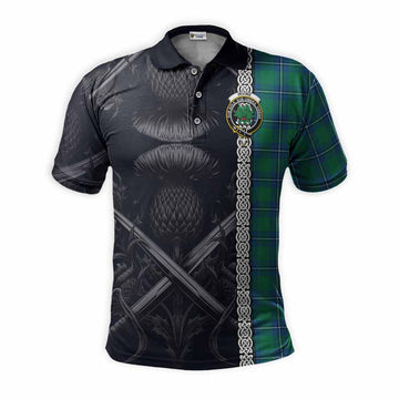 Irvine Tartan Polo Shirt with Family Crest Cross Sword Thistle Celtic Vibes