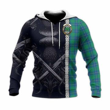 Irvine Tartan Knitted Hoodie with Family Crest Cross Sword Thistle Celtic Vibes