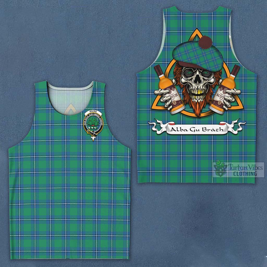 Tartan Vibes Clothing Irvine Tartan Men's Tank Top with Family Crest and Bearded Skull Holding Bottles of Whiskey