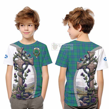 Irvine Tartan Kid T-Shirt with Family Crest and St. Andrew's Cross Accented by Thistle Vines