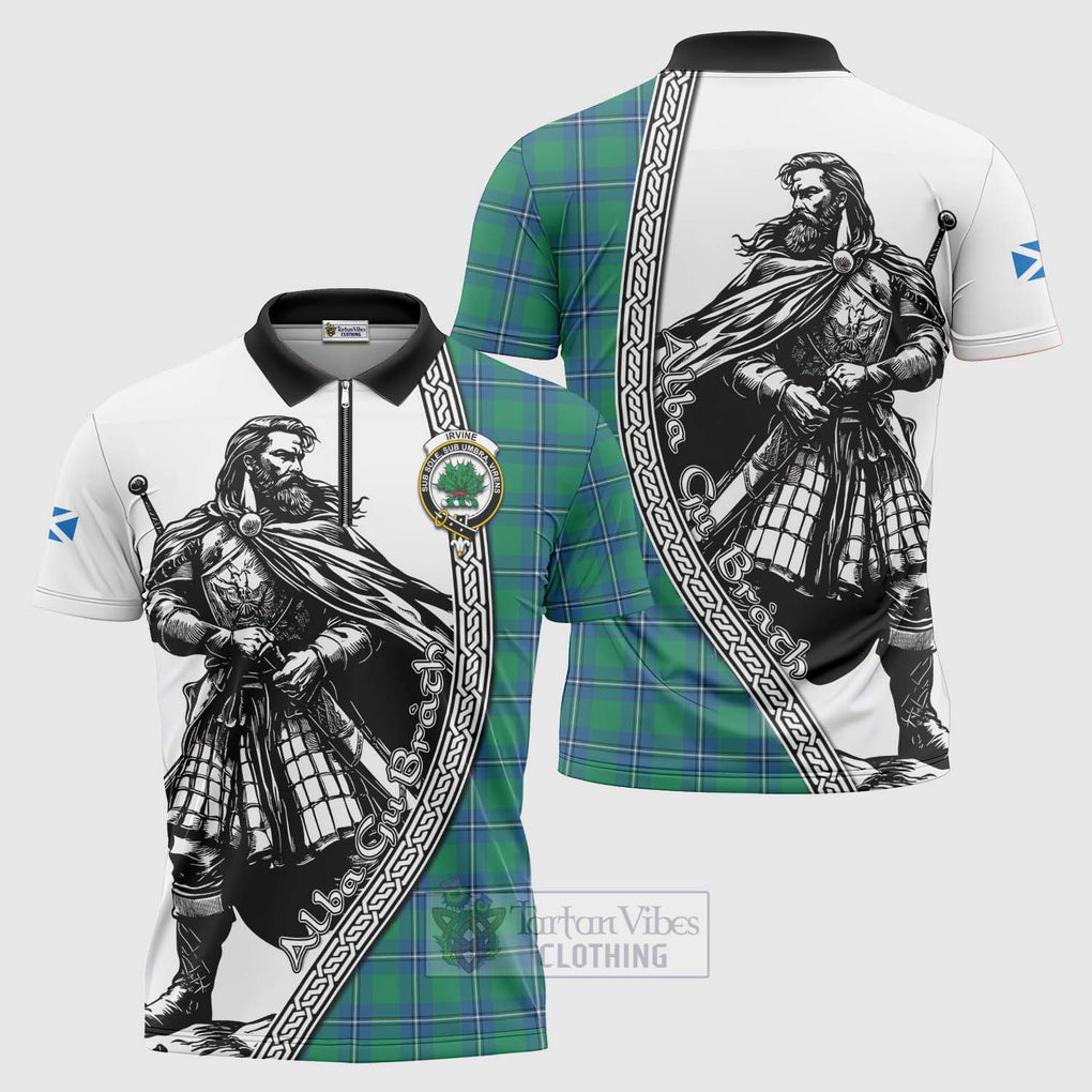 Tartan Vibes Clothing Irvine Tartan Clan Crest Zipper Polo Shirt with Highlander Warrior Celtic Style