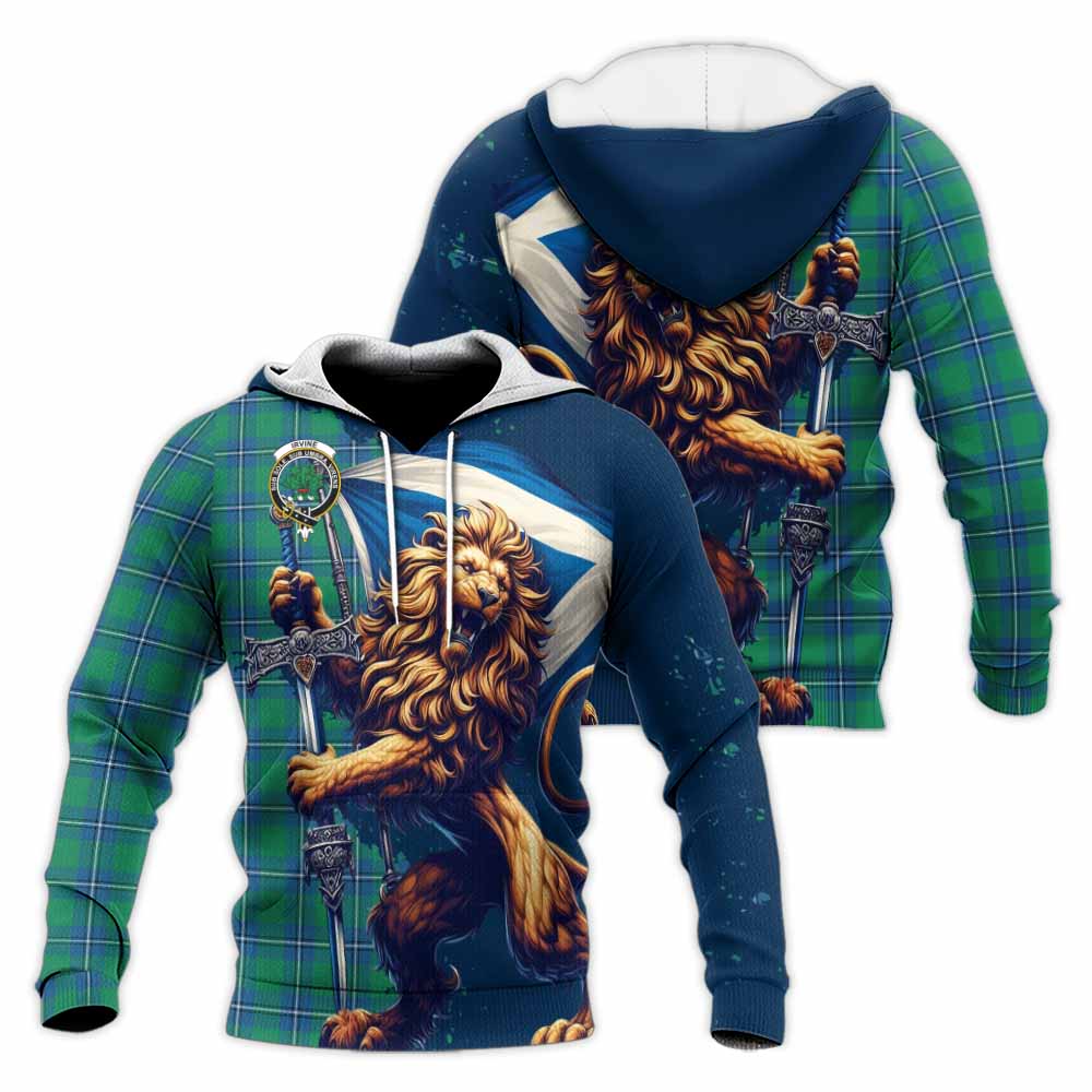 Tartan Vibes Clothing Irvine Tartan Family Crest Knitted Hoodie with Scottish Majestic Lion