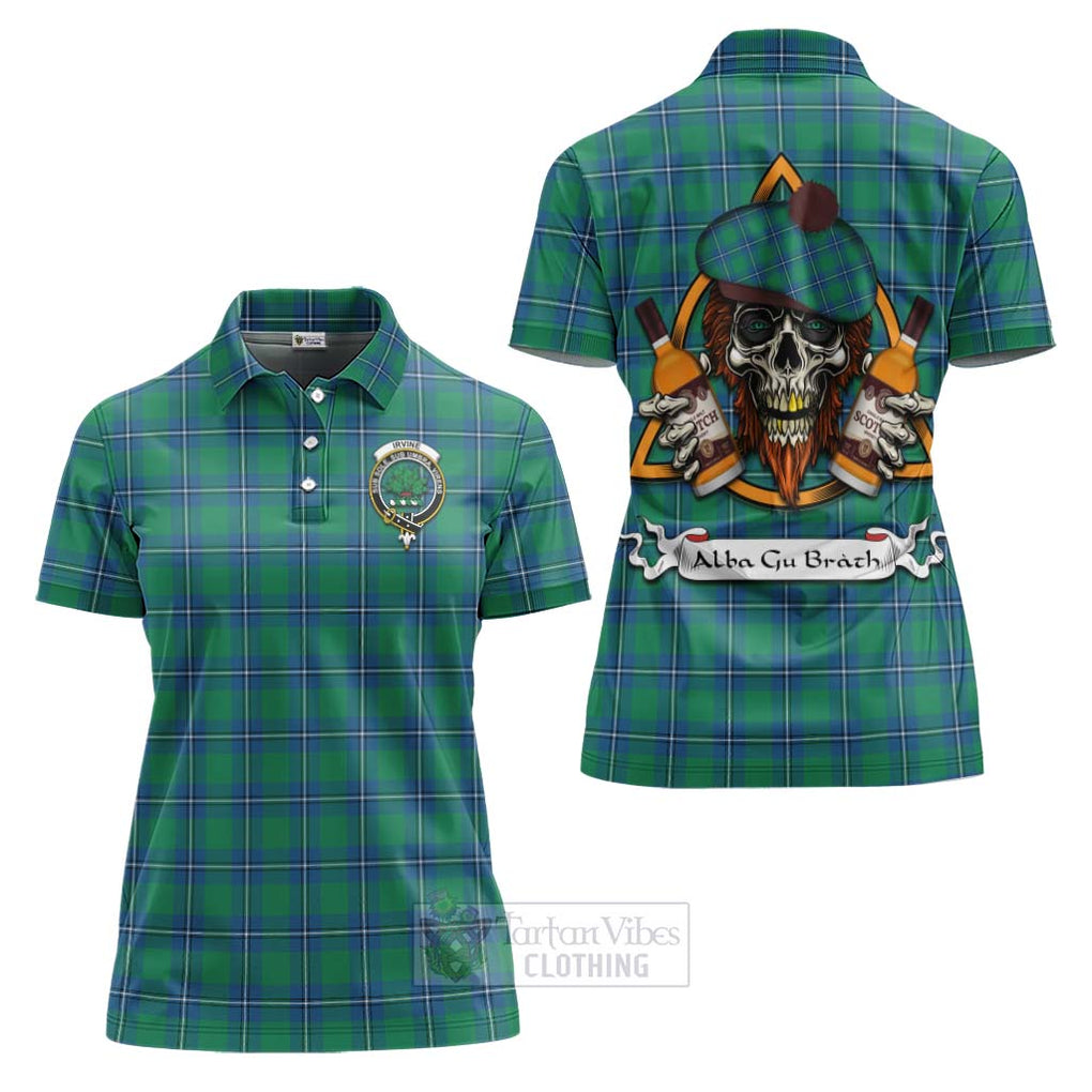 Tartan Vibes Clothing Irvine Tartan Women's Polo Shirt with Family Crest and Bearded Skull Holding Bottles of Whiskey