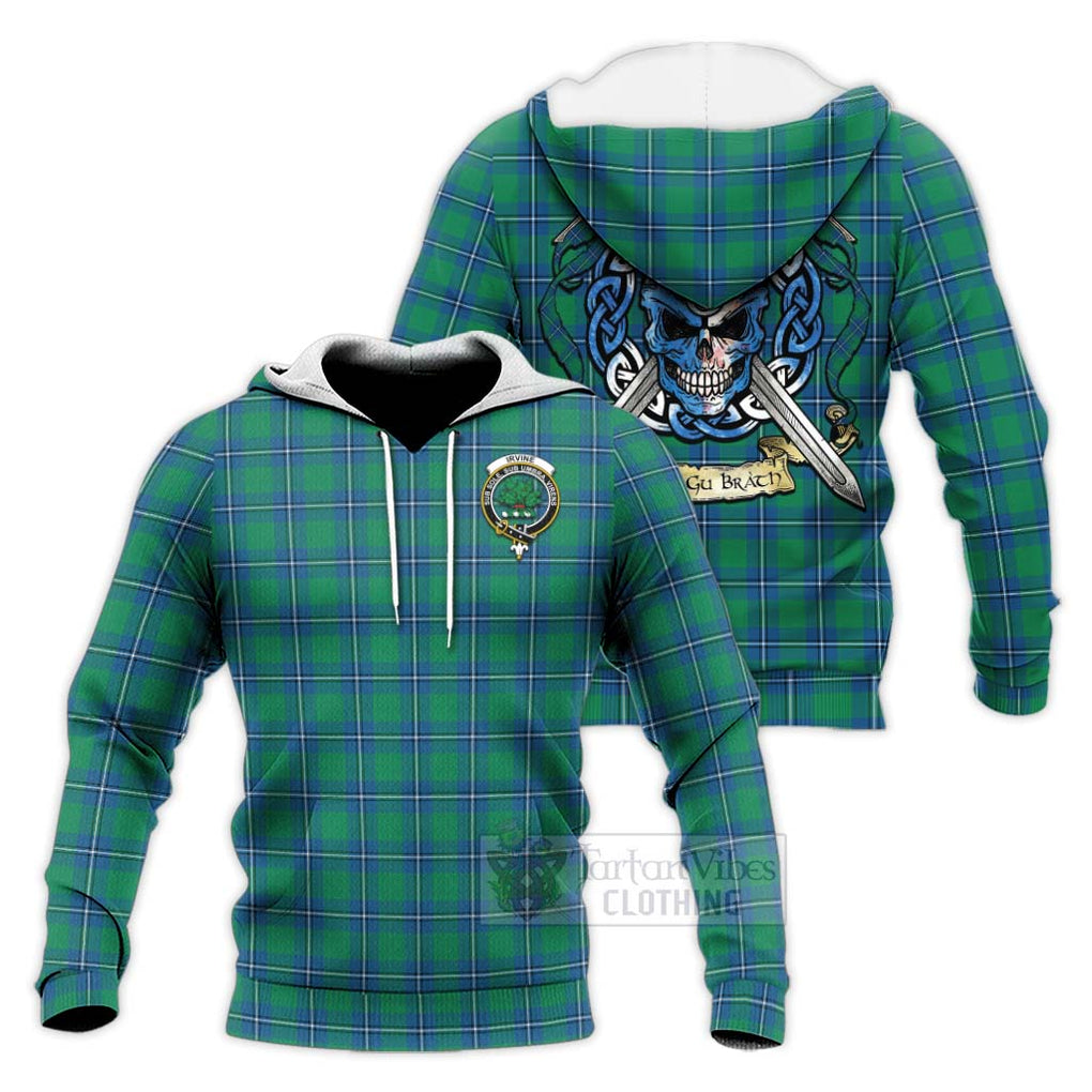 Tartan Vibes Clothing Irvine Tartan Knitted Hoodie with Family Crest Celtic Skull Style