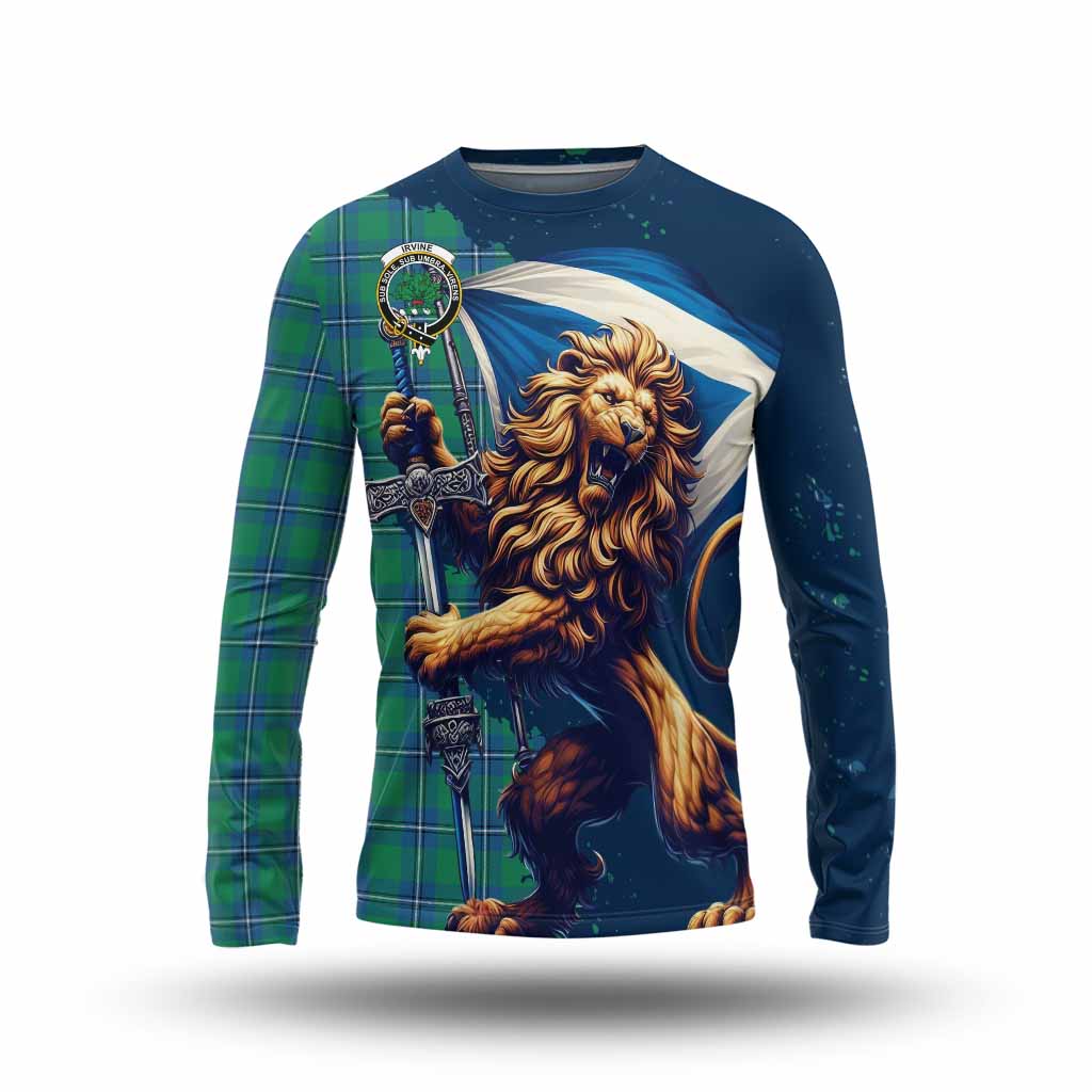 Tartan Vibes Clothing Irvine Tartan Family Crest Long Sleeve T-Shirt with Scottish Majestic Lion