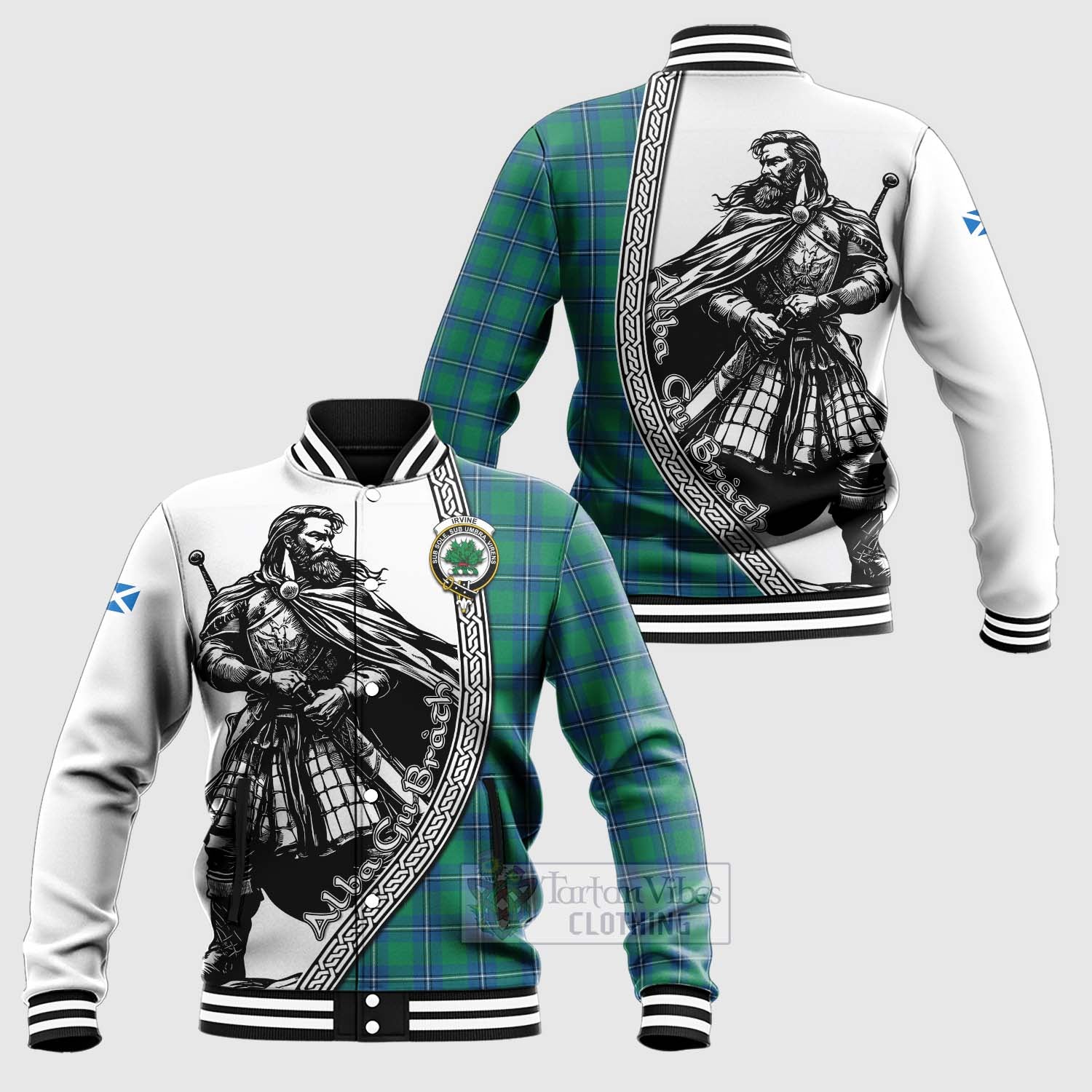 Tartan Vibes Clothing Irvine Tartan Clan Crest Baseball Jacket with Highlander Warrior Celtic Style