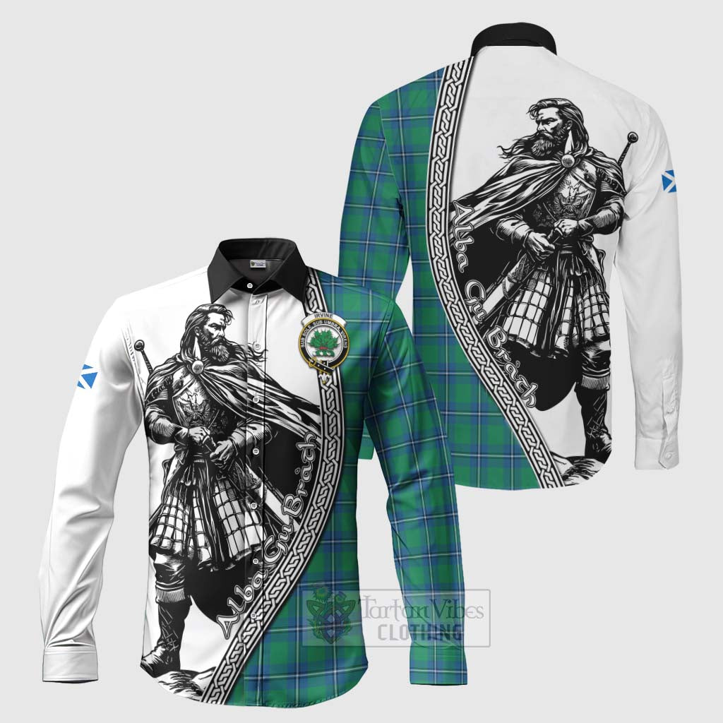 Tartan Vibes Clothing Irvine Tartan Clan Crest Long Sleeve Button Shirt with Highlander Warrior Celtic Style