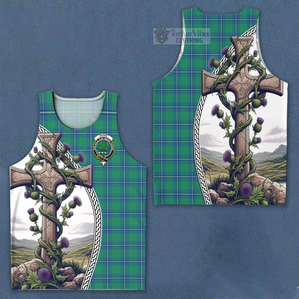 Tartan Vibes Clothing Irvine Tartan Men's Tank Top with Family Crest and St. Andrew's Cross Accented by Thistle Vines