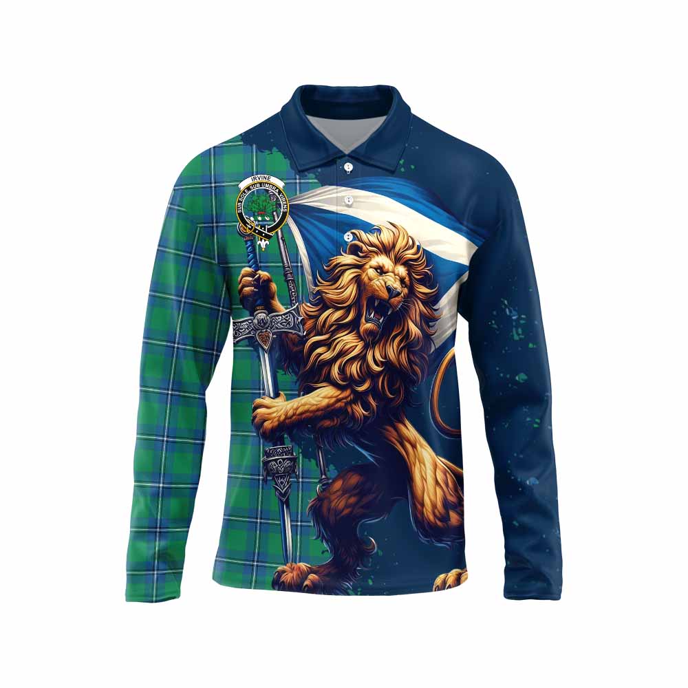 Tartan Vibes Clothing Irvine Tartan Family Crest Long Sleeve Polo Shirt with Scottish Majestic Lion