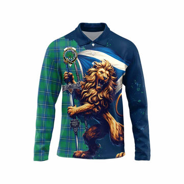 Irvine Tartan Family Crest Long Sleeve Polo Shirt with Scottish Majestic Lion