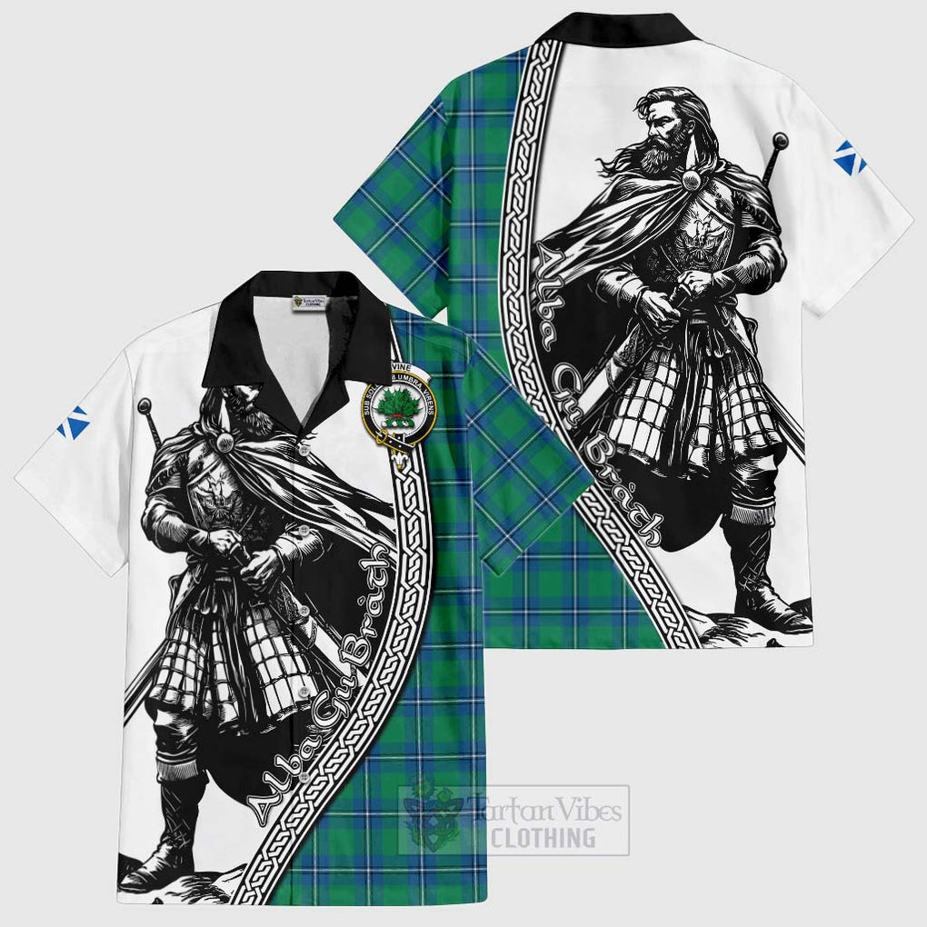 Tartan Vibes Clothing Irvine Tartan Clan Crest Short Sleeve Button Shirt with Highlander Warrior Celtic Style