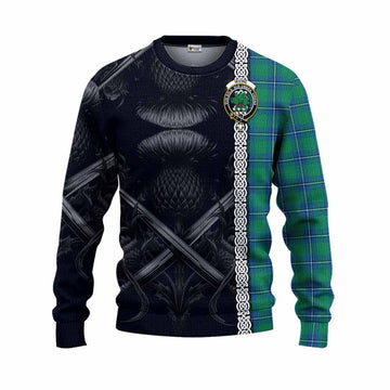 Irvine Tartan Knitted Sweater with Family Crest Cross Sword Thistle Celtic Vibes