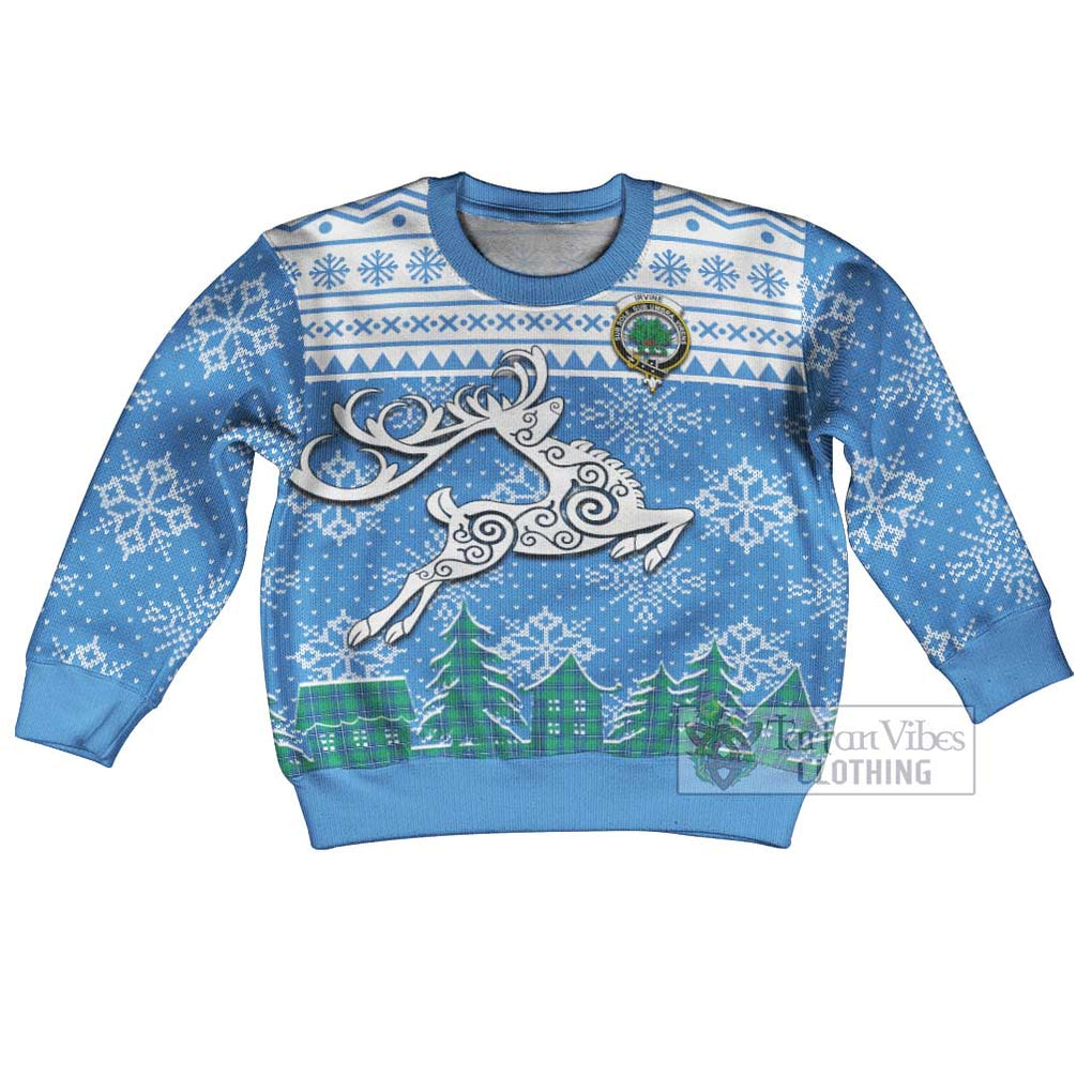 Tartan Vibes Clothing Irvine Clan Christmas Kid Ugly Sweater with Tartan and Celtic Raindeer Style