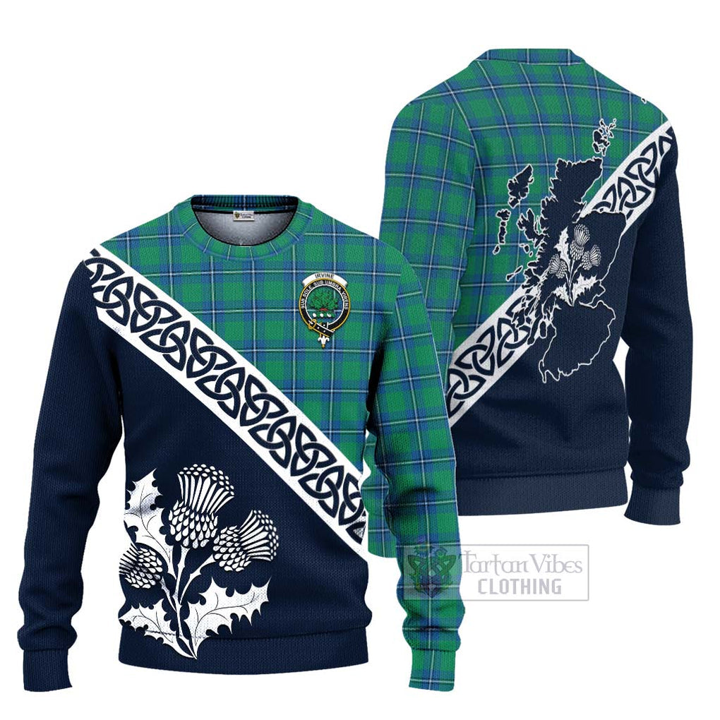 Tartan Vibes Clothing Irvine Tartan Knitted Sweater Featuring Thistle and Scotland Map