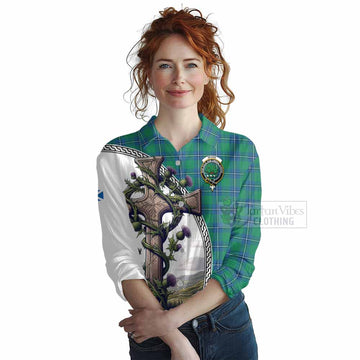 Irvine Tartan Women's Casual Shirt with Family Crest and St. Andrew's Cross Accented by Thistle Vines