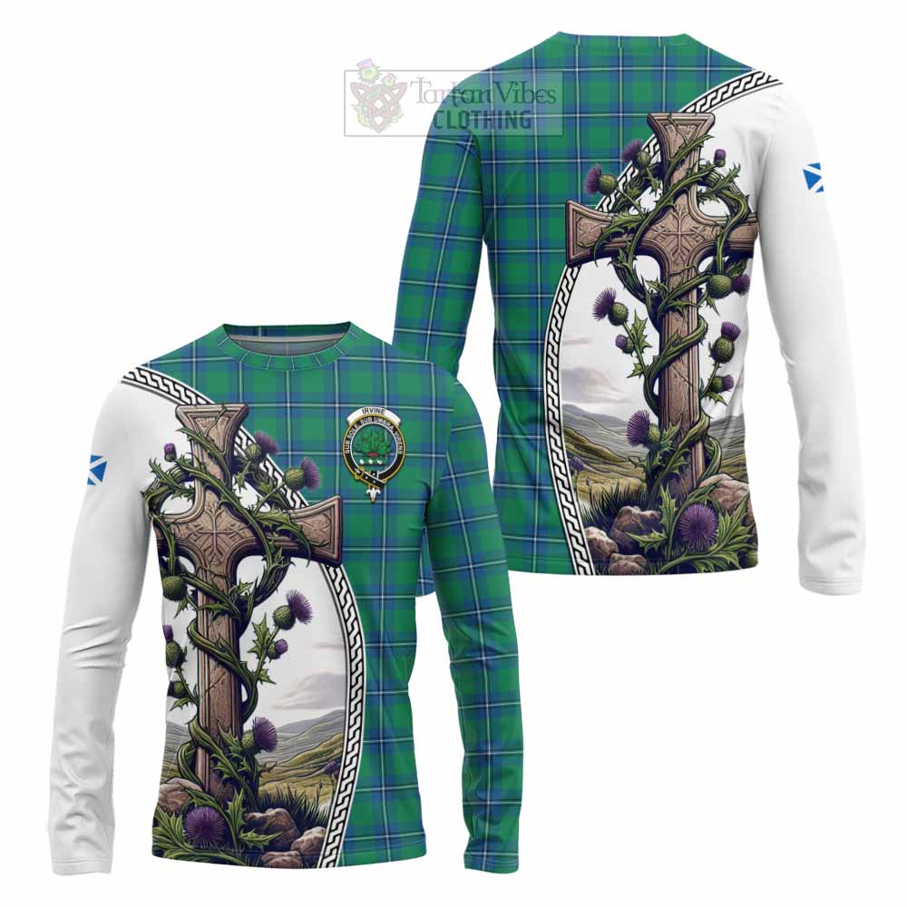 Tartan Vibes Clothing Irvine Tartan Long Sleeve T-Shirt with Family Crest and St. Andrew's Cross Accented by Thistle Vines