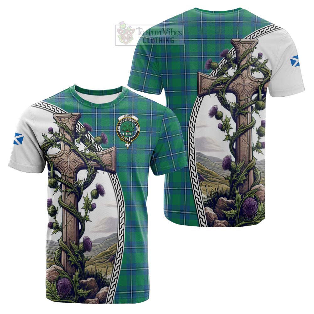 Tartan Vibes Clothing Irvine Tartan Cotton T-shirt with Family Crest and St. Andrew's Cross Accented by Thistle Vines