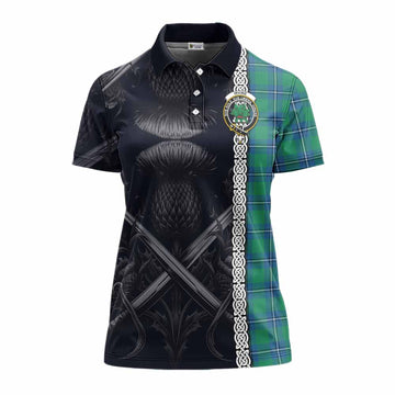 Irvine Tartan Women's Polo Shirt with Family Crest Cross Sword Thistle Celtic Vibes