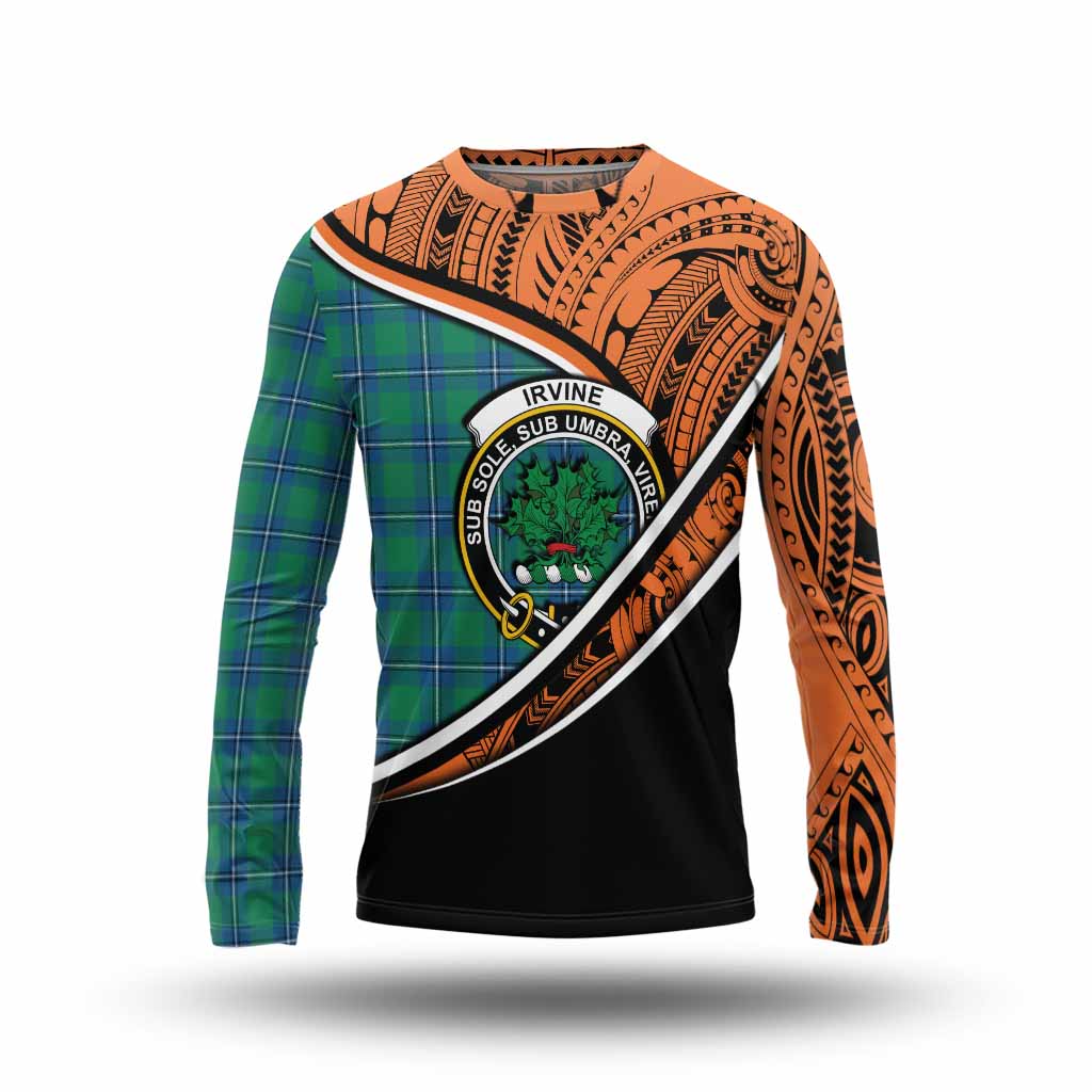 Tartan Vibes Clothing Irvine Crest Tartan Long Sleeve T-Shirt with Maori Tattoo Style - Orange Version