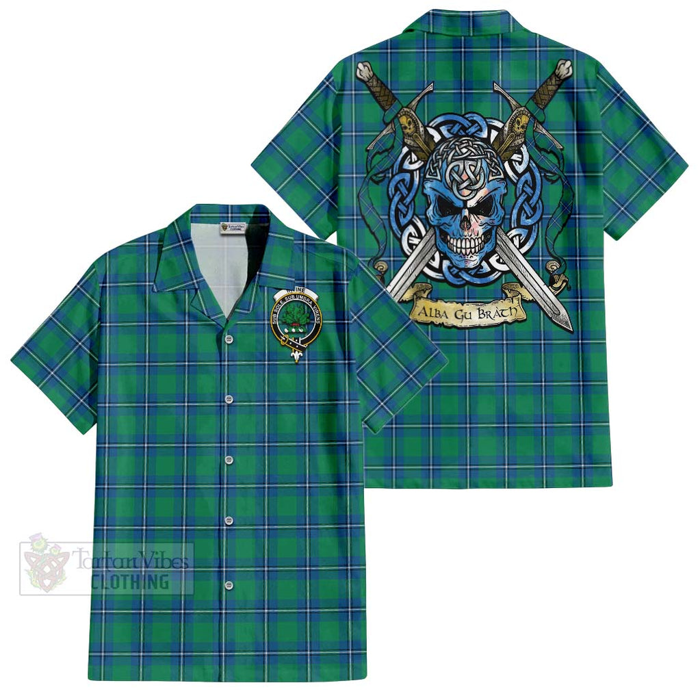 Tartan Vibes Clothing Irvine Tartan Short Sleeve Button Shirt with Family Crest Celtic Skull Style