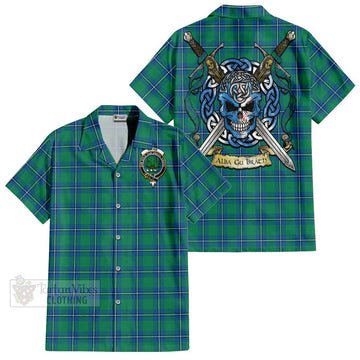 Irvine Tartan Short Sleeve Button Shirt with Family Crest Celtic Skull Style