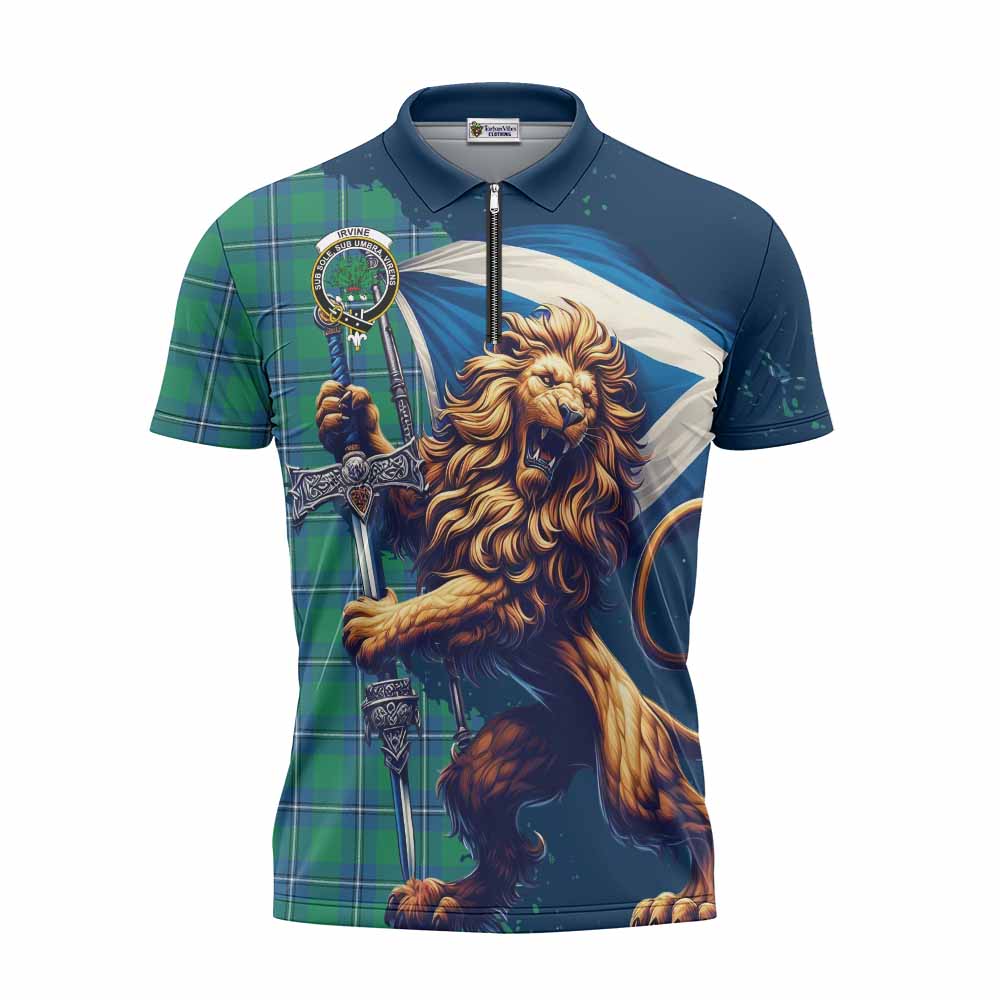 Tartan Vibes Clothing Irvine Tartan Family Crest Zipper Polo Shirt with Scottish Majestic Lion