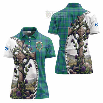 Irvine Tartan Women's Polo Shirt with Family Crest and St. Andrew's Cross Accented by Thistle Vines