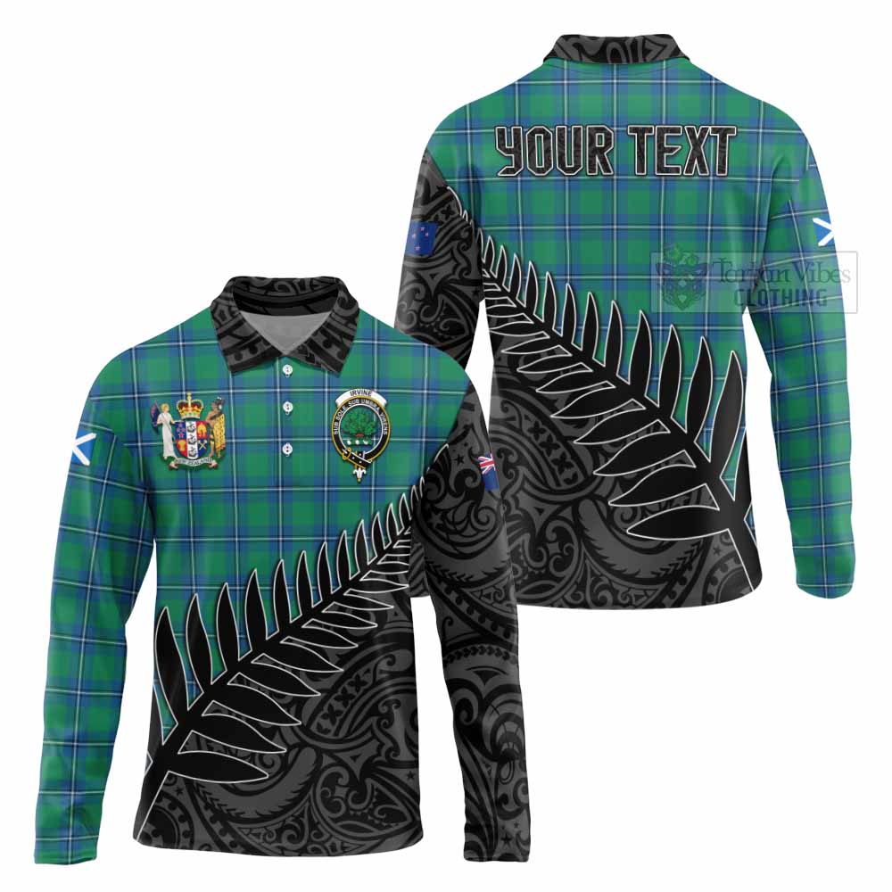 Tartan Vibes Clothing Irvine Crest Tartan Long Sleeve Polo Shirt with New Zealand Silver Fern Half Style