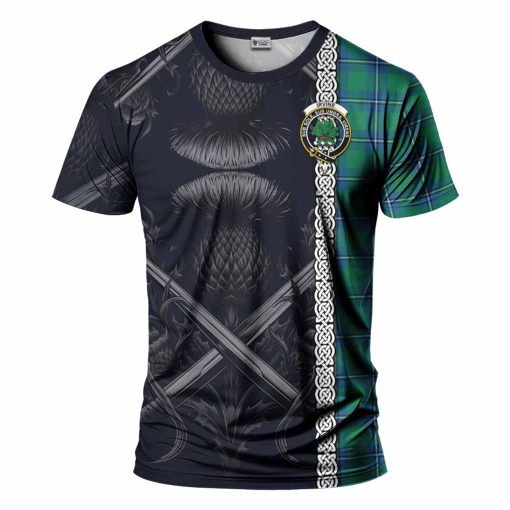 Tartan Vibes Clothing Irvine Tartan T-Shirt with Family Crest Cross Sword Thistle Celtic Vibes