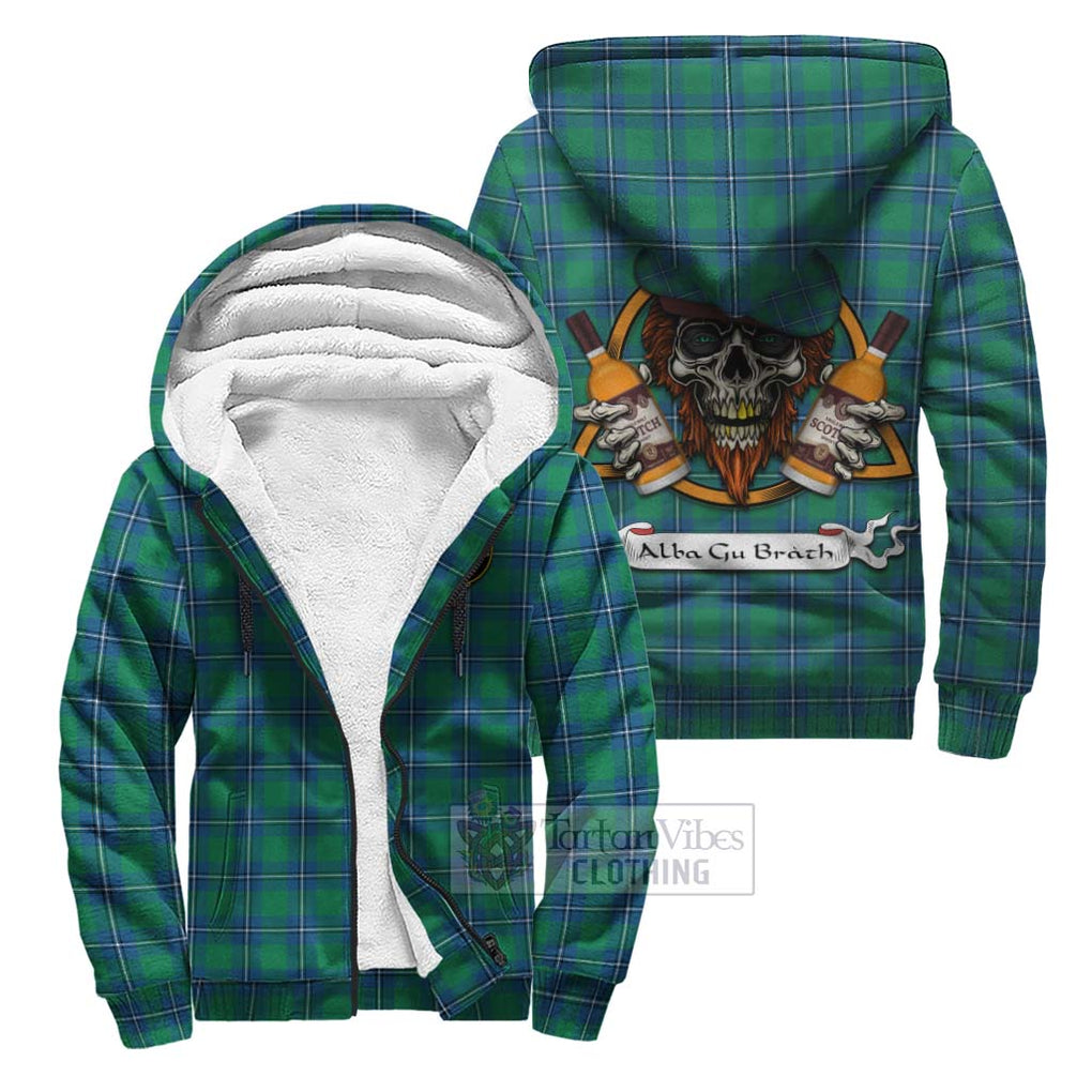 Tartan Vibes Clothing Irvine Tartan Sherpa Hoodie with Family Crest and Bearded Skull Holding Bottles of Whiskey