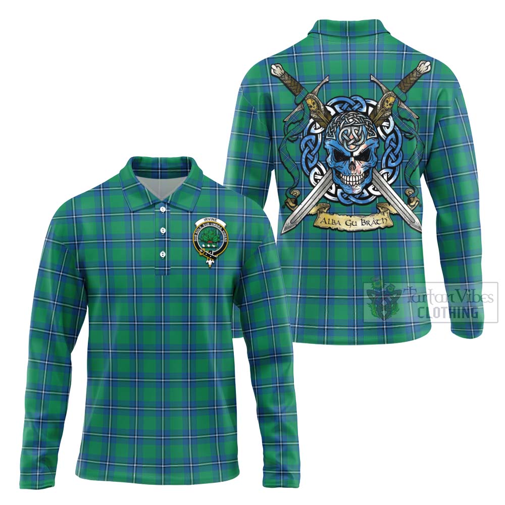 Tartan Vibes Clothing Irvine Tartan Long Sleeve Polo Shirt with Family Crest Celtic Skull Style