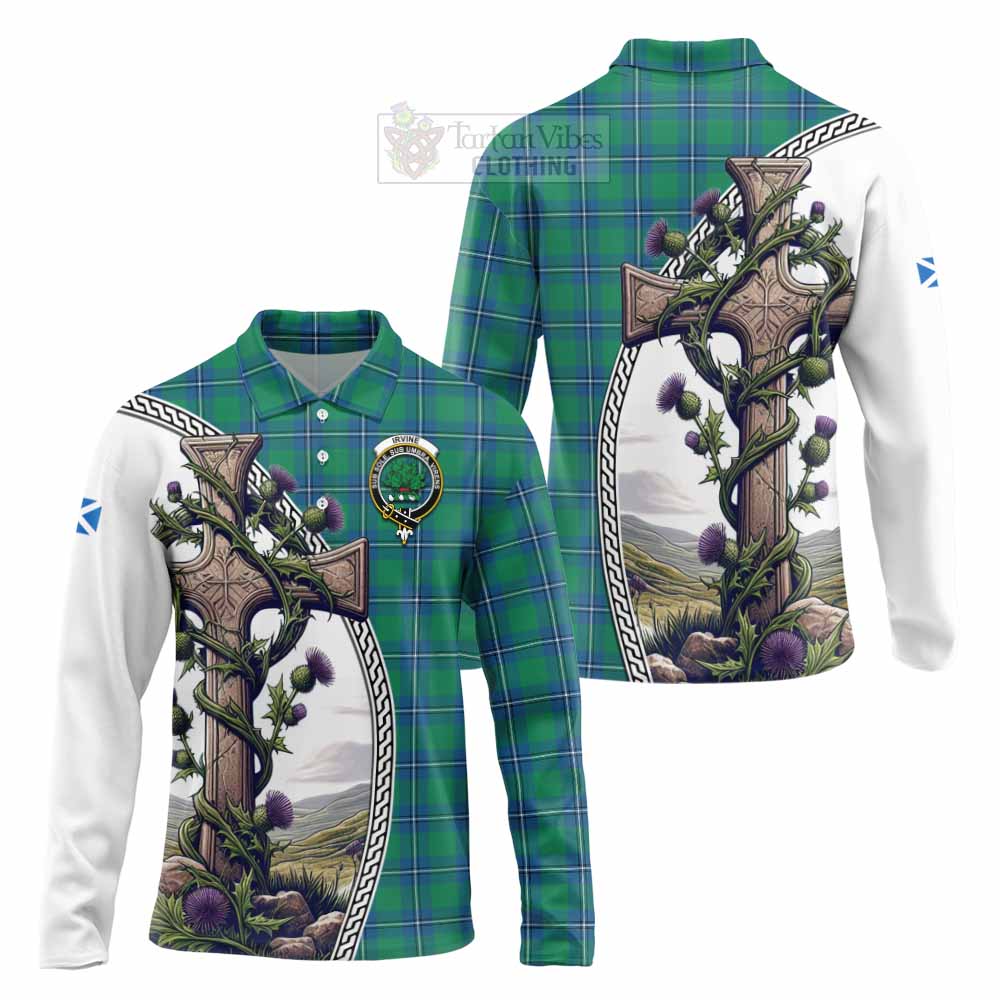 Tartan Vibes Clothing Irvine Tartan Long Sleeve Polo Shirt with Family Crest and St. Andrew's Cross Accented by Thistle Vines