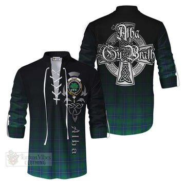 Irvine Tartan Ghillie Kilt Shirt Featuring Alba Gu Brath Family Crest Celtic Inspired