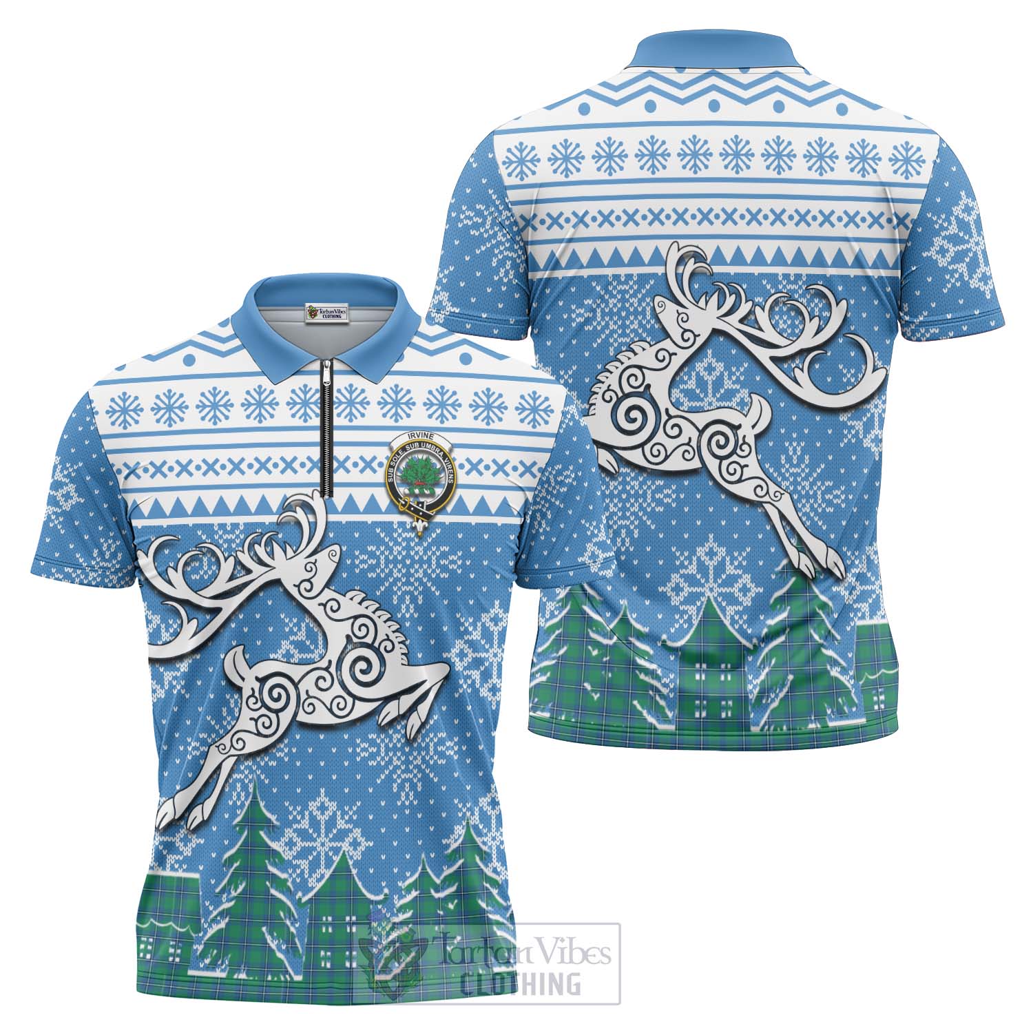 Tartan Vibes Clothing Irvine Clan Christmas Zipper Polo Shirt Celtic Reindeer Style