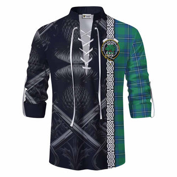 Irvine Tartan Ghillie Kilt Shirt with Family Crest Cross Sword Thistle Celtic Vibes