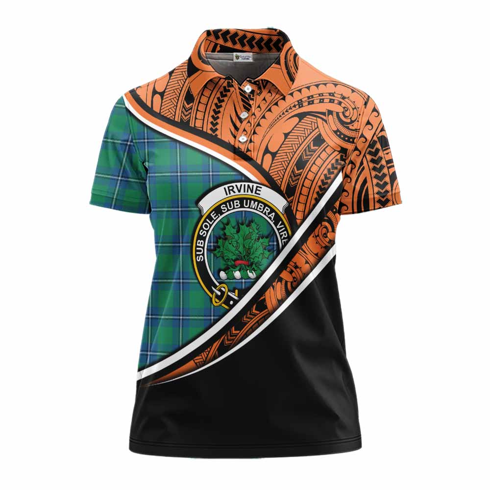 Tartan Vibes Clothing Irvine Crest Tartan Women's Polo Shirt with Maori Tattoo Style - Orange Version